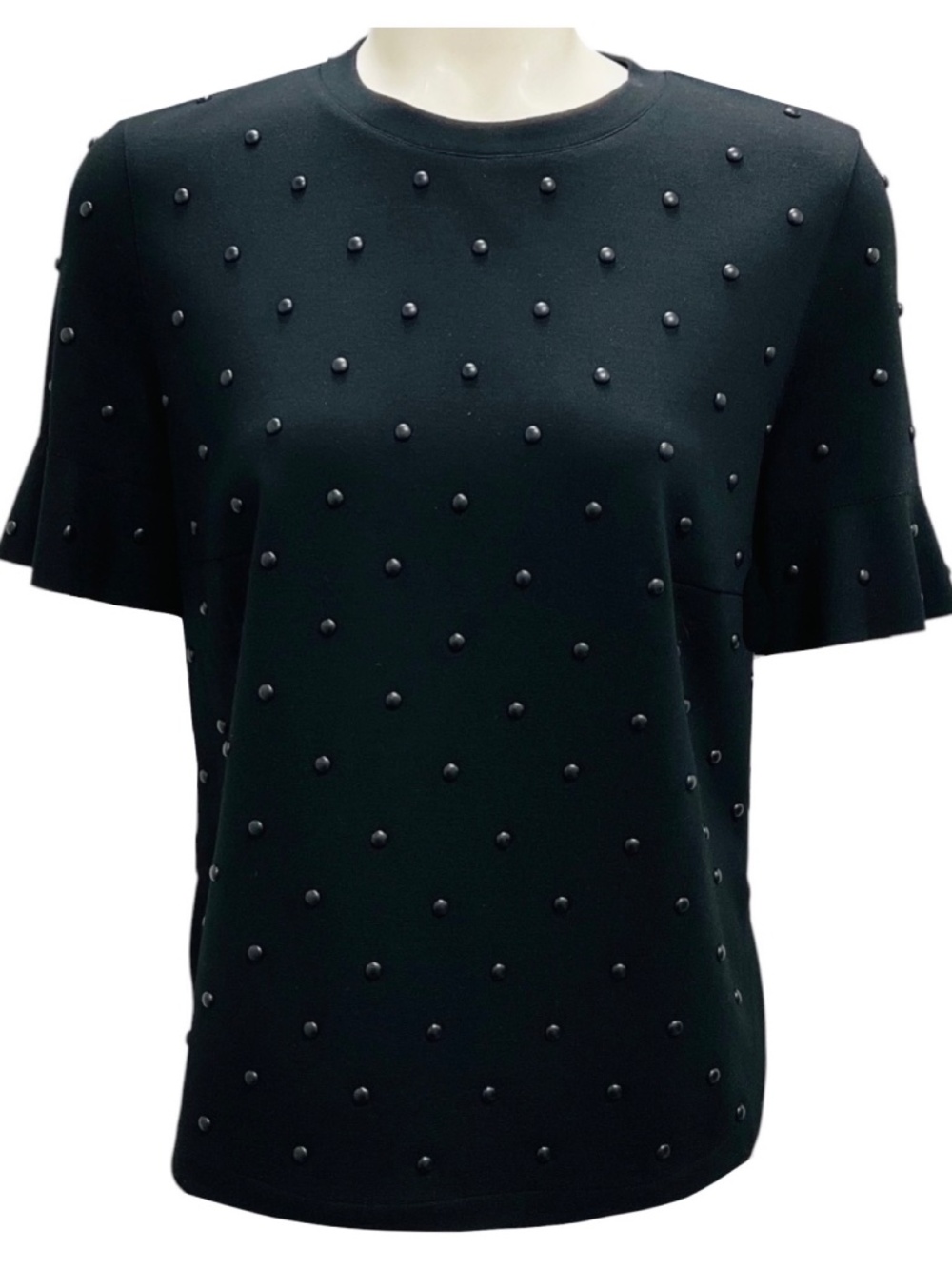 AKRIS PUNTO BLACK STUDDED SHORT SLEEVED STRETCH KNIT TOP